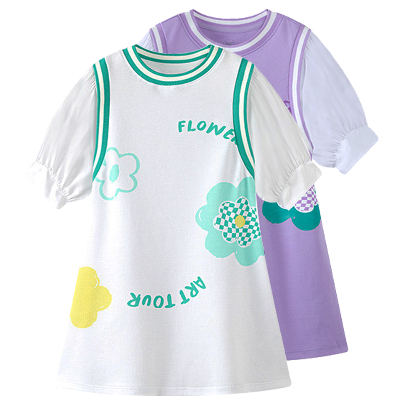 361度女童棉质针织连衣裙新品2024夏季假两件半袖全身裙K6Z424402