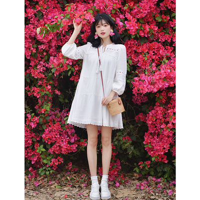 棉小白裙纯色法式花边蕾丝