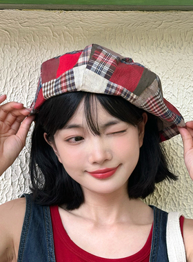 TOANDFRO / 2024复古拼接格纹贝雷帽女古着画家帽