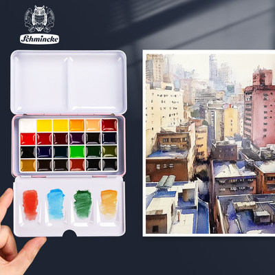 史明克固体水彩颜料分装铁盒小史学院级迷你便携大师级透明24色学生美术生专用水粉绘画画笔工具专业写生套装