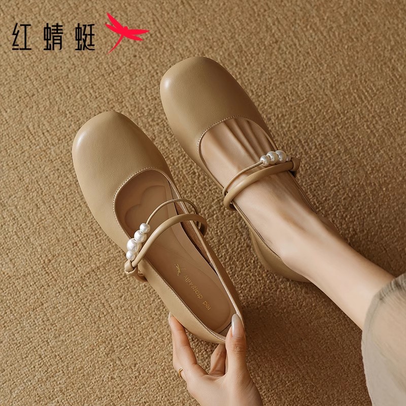 红蜻蜓女鞋春夏新款玛丽珍鞋女配裙子珍珠小皮鞋休闲单鞋女晚晚鞋