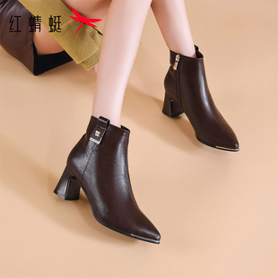 红蜻蜓女鞋2025冬季新款尖头粗跟通勤百搭时尚妈妈鞋时装靴棉鞋女