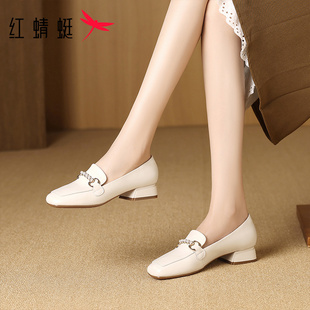 红蜻蜓单鞋女2025秋冬新款真皮女鞋子时尚百搭配裙子乐福鞋妈妈鞋