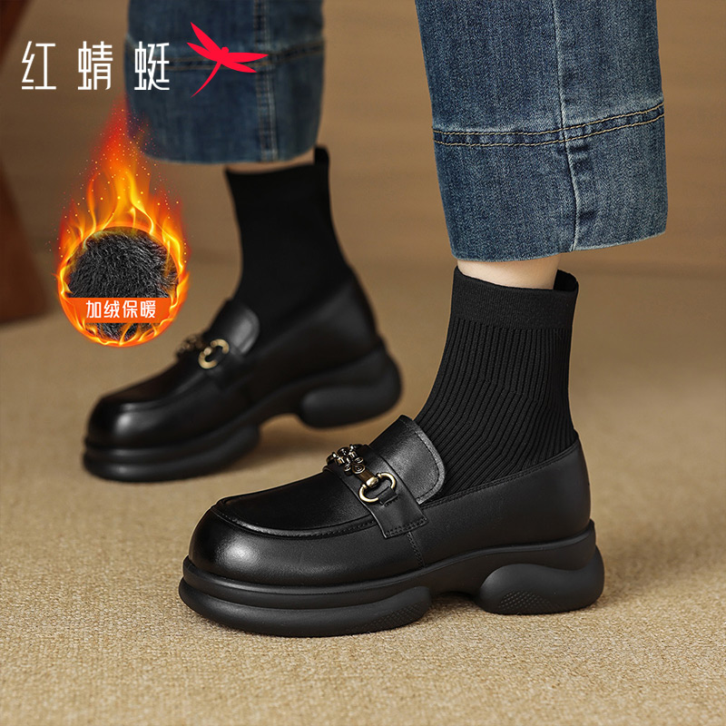 红蜻蜓女鞋秋季真皮保暖袜靴皮鞋