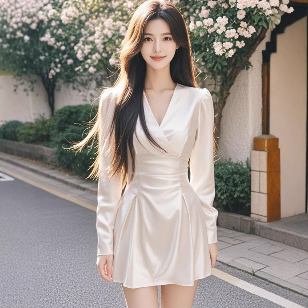 TZ4612富家千金风v领长袖连衣裙女秋季新款气质御姐修身收腰短裙