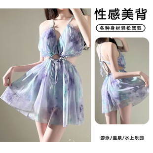 性感 温泉泳装 网红新款 游泳衣女连体平角保守显瘦诱惑遮肚大码