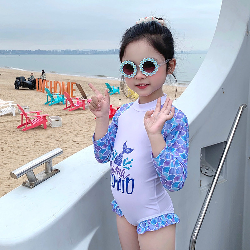 儿童泳衣连体圆领长袖夏季防晒游泳衣洋气公主女宝宝沙滩温泉泳衣