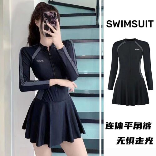 2024夏季新款女裙式连体小清新女士游泳衣保守显瘦长袖款女游泳装