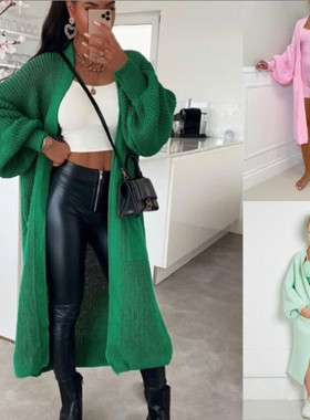 2023女装纯色针织衫口袋开衫中长款毛衣女外套