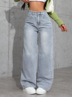 欧美女装牛仔裤2025年季宽松潮流设计感长裤子