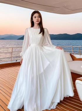 2026欧美 时尚灯笼珠光纱多色婚纱圆领礼服气质连衣裙