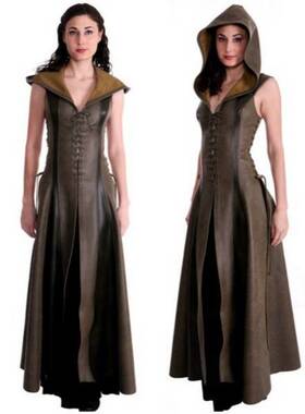 亚马孙欧美胸前系带五码无袖带帽长皮裙