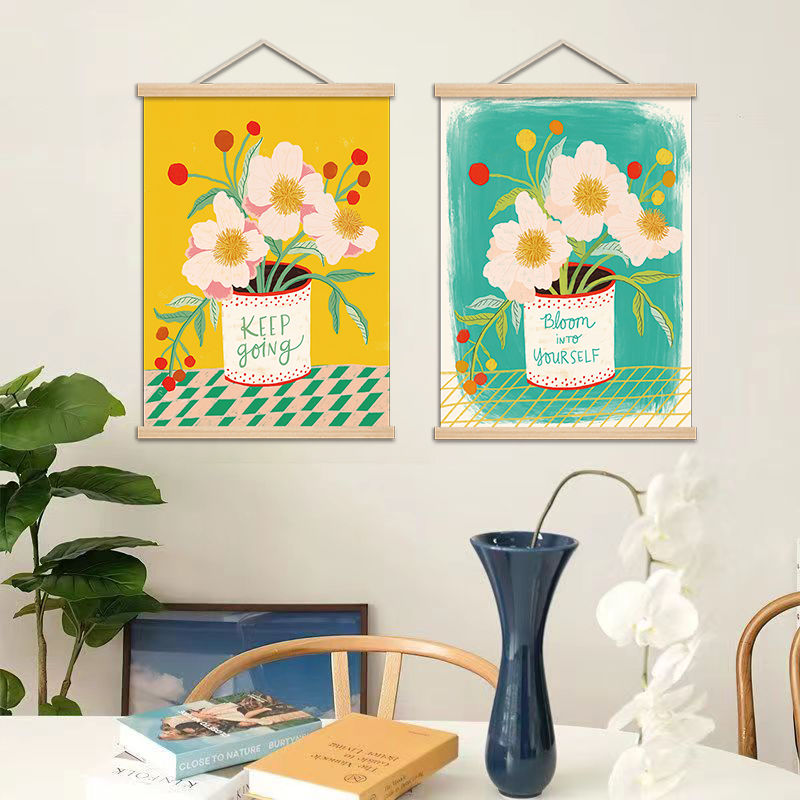 北欧手绘花卉客厅装饰画卧室房间画布艺免打孔卷轴壁画遮挡挂画图片