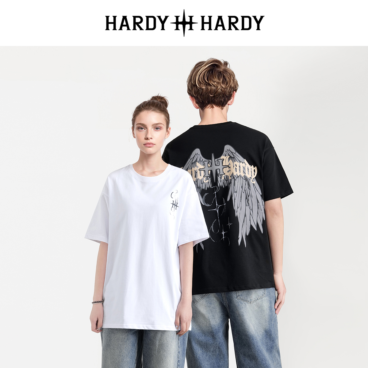 HARDYHARDY夏季新款潮酷风印花翅膀短袖T恤男女半袖体恤情侣上衣Q