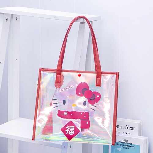 PVC透明炫彩镭射手提袋新款春节HelloKitty手提包包女卡通托特包