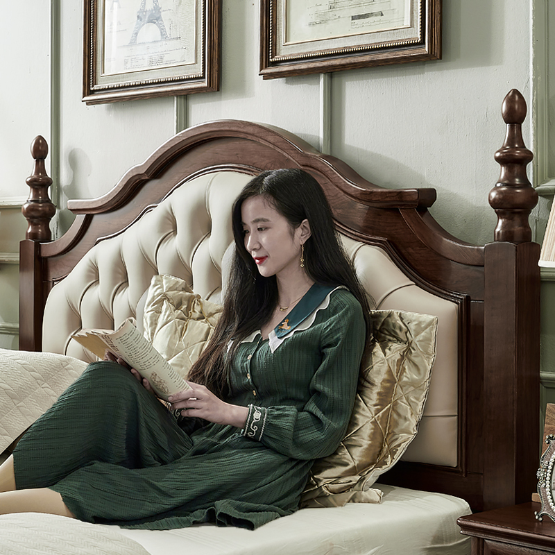 美式乡村实木床真皮头层牛皮软包双人床核桃木婚床主卧Y家具复古
