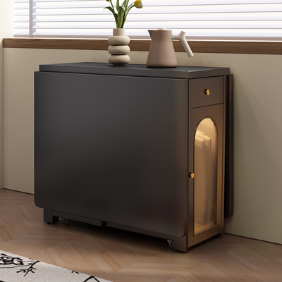 全实木折叠餐桌家用黑色复古折叠桌轻奢小户型方形可伸缩移动饭桌