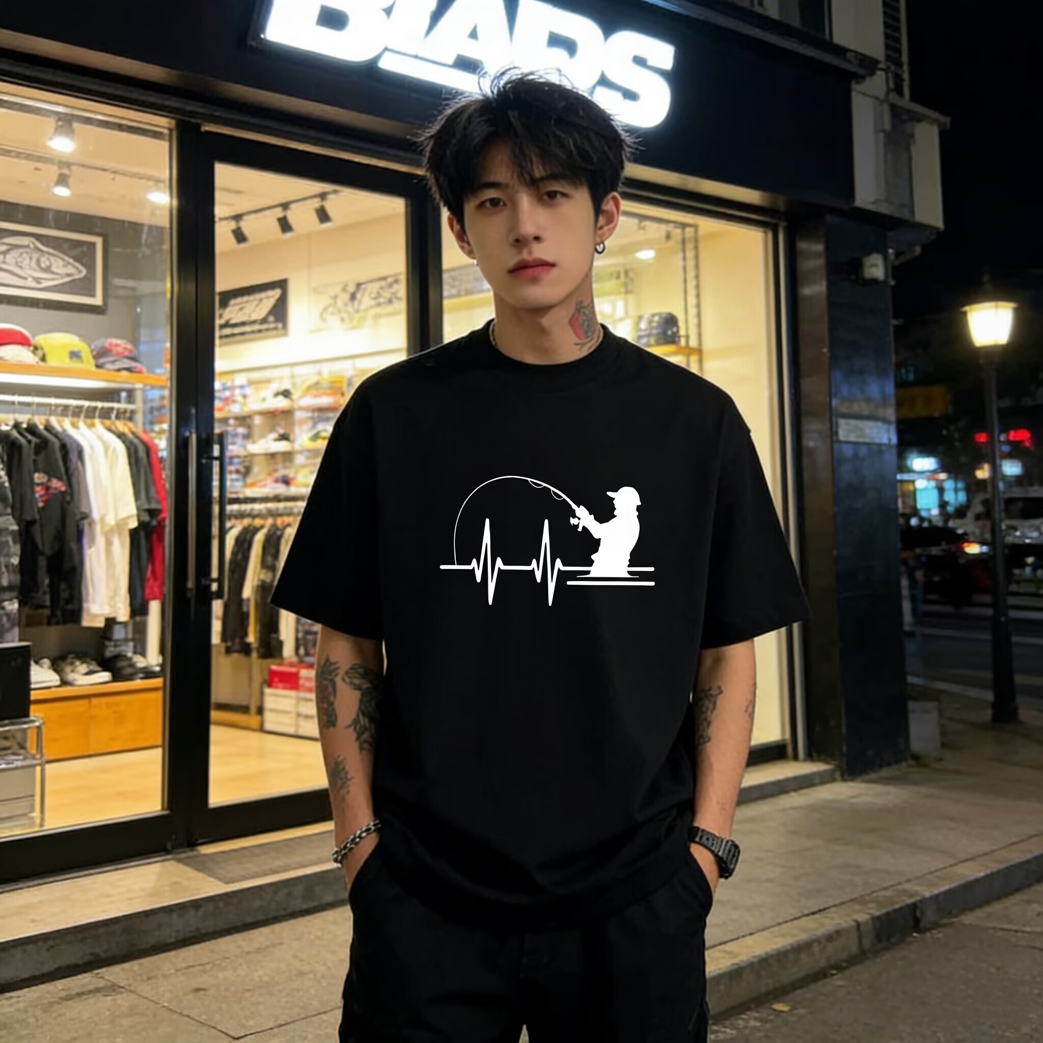 美式高街设计感钓鱼佬印花短袖T恤男夏季重磅纯棉小领口正肩上衣