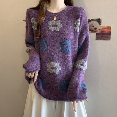 实拍秋冬大码慵懒少女感别致花朵毛衣甜美百搭氛围感毛针织衫上衣
