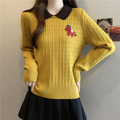 实拍大码秋冬老钱风撞色翻领绞花毛衣别致小马刺绣娃娃领针织衫