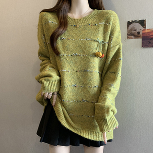 上衣 饰针织衫 实拍秋冬大码 慵懒风软糯毛衣设计感亮丝条纹小南瓜装