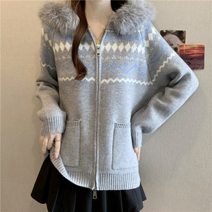 针织衫 费尔岛连帽毛衣时髦氛围感开衫 外套配毛领 美式 实拍秋冬大码