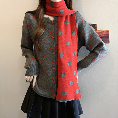 实拍大码秋冬韩系慵懒风气质波点毛衣外套配围巾针织衫开衫两件套