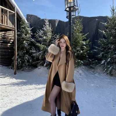 实价实拍~西装领洋气毛呢外套秋冬高级感收腰绑带中长款呢子大衣