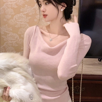 秋冬季新款不规则针织衫长袖t恤毛衣打底衫女荡领修身显瘦上衣