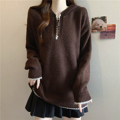 实拍大码秋冬老钱风穿搭慵懒针织衫半拉链连帽毛衣内搭帽衫上衣