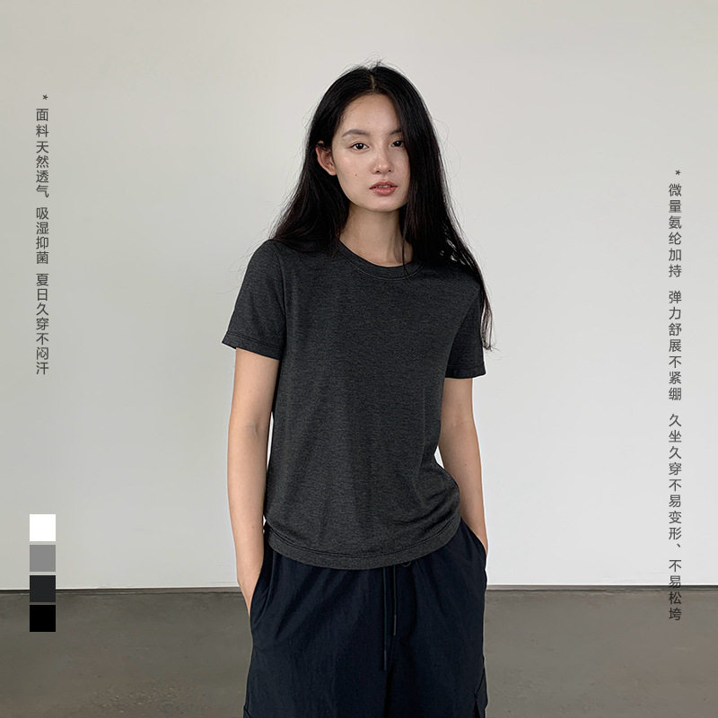 竹纤维圆领短袖T恤女新款松弛感宽松显瘦柔软亲肤正肩轻薄上衣
