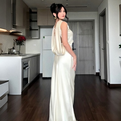 法式露背挂脖缎面连衣裙宴会礼服