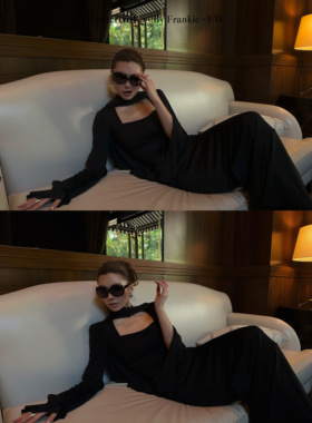 HunterGirl黑月光高级感女收腰显瘦气质方领披肩连衣裙两件套礼服