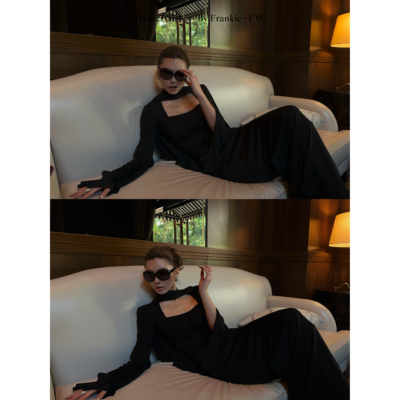 高级感气质方领披肩连衣裙