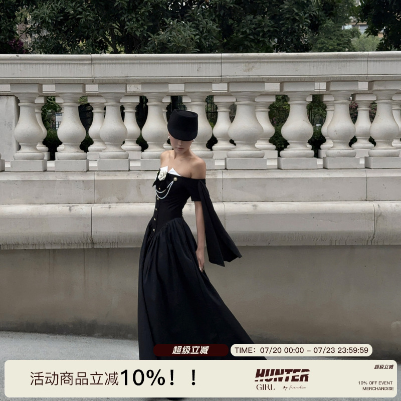 Jennie同款一字肩立体花朵礼服裙