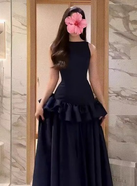 HunterGirl永恒之海无袖连衣裙缎面收腰显瘦气质宴会演出生日礼服