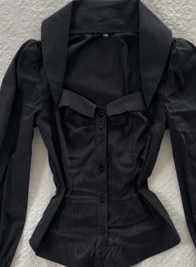 HunterGirl复古小众泡泡袖翻领设计感条纹绑带收腰v领黑色衬衫