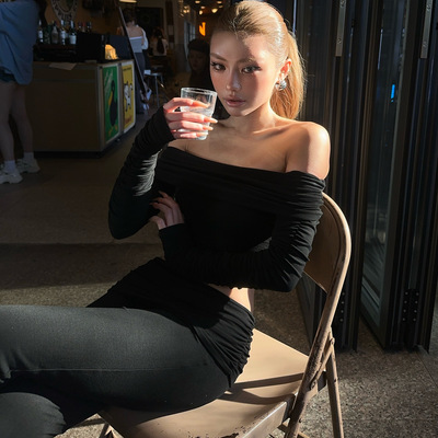 美式复古一字肩上衣女褶皱修身