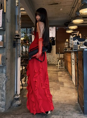 现HunterGirl 血蔷薇 红色小众性感吊带连衣裙设计感高级飘带礼服