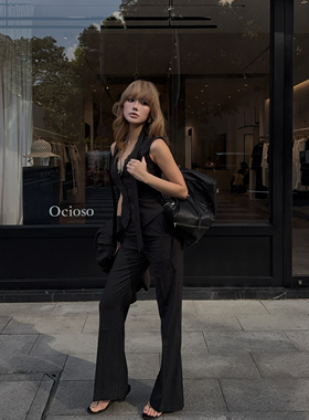 HunterGirl美式复古条纹西装套装女高级感气质西服马甲背心裤子