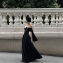 HunterGirl 一字肩立体花朵礼服裙收腰飘带大摆连衣裙 Jennie同款