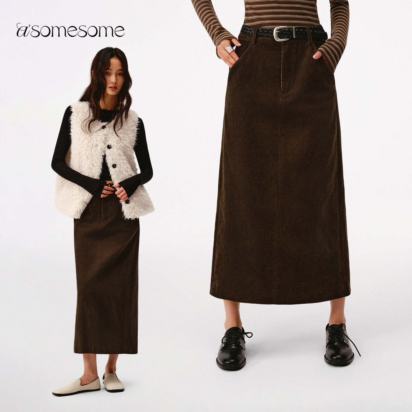 asomesome复古咖色低腰开叉灯芯绒半身裙女秋冬新修身A字直筒长裙,女装/女士精品,半身裙,淘宝优惠券,粉丝福利购,淘宝优惠卷