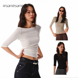 asomesome天丝羊毛船领紧身长袖女春内搭中袖白色打底衫针织上衣