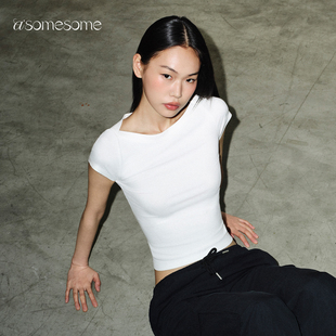 春夏设计感紧身上衣 白色T恤女平领短袖 asomesome美式 一字肩修身