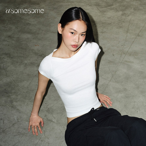 asomesome美式一字肩修身白色T恤女平领短袖春夏设计感紧身上衣