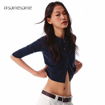 asomesome美式藏蓝色针织开衫外套女春修身短款上衣毛衣打底衫