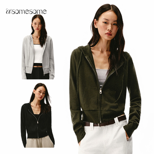 asomesome美式绵羊毛连帽拉链针织开衫毛衣外套女秋宽松休闲上衣