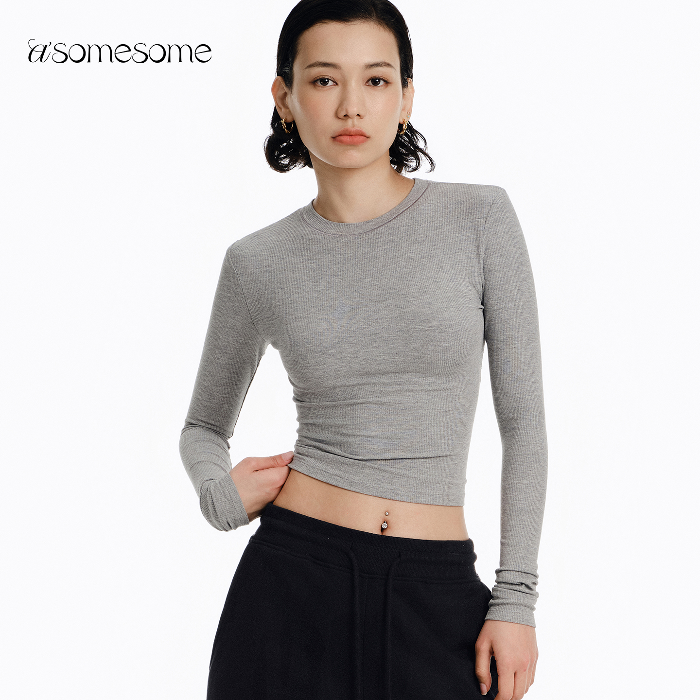 asomesome美式基础白色修身圆领长袖t恤女紧身上衣内搭灰色打底衫