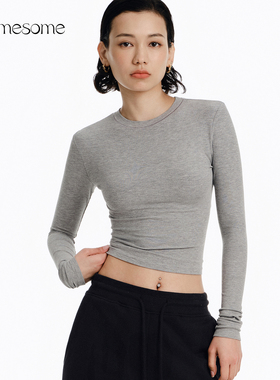 asomesome美式基础白色修身圆领长袖t恤女紧身上衣内搭灰色打底衫