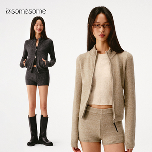 asomesome绵羊毛立领双拉链针织衫女秋冬新修身保暖毛衣显瘦上衣